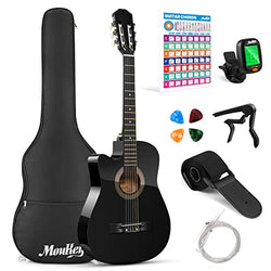 Moukey 38in Left Handed Acoustic Guitar for Beginner Kid Adult Teen Guitarra Acustica with Chord Poster, Gig Bag, Tuner, Picks, Nylon Strings, Capo, Strap - Black