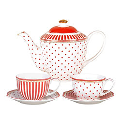 Gracie China by Coastline Imports Red Polka Dots Stripes Tea Set, 44-Ounce / 9-Ounce