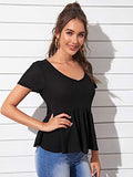 Romwe Women's Casual Short Sleeve V Neck Waffle Knit Ruffle Hem Babydoll Blouse Tops Shirts Black Large