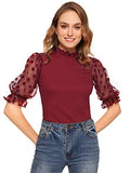 Romwe Women's Summer Short Sleeve Mock Neck Casual Blouse Tops Mesh Burgundy Large