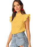 Romwe Women's Sleeveless Stand Collar Embroidery Ruffle Button Slim Fit Summer Blouse Top Yellow L