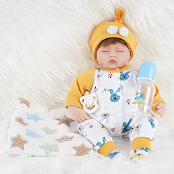 ENADOLL Realistic Reborn Baby Doll, Lifelike Newborn Baby Dolls 16 Inch Boy with Yellow Rabbit Clothes Silicone Vinyl Weighted Soft Body Gift Set for Kids Age 3+