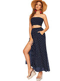 Floerns Women's 2 Piece Outfit Polka Dots Crop Top and Long Skirt Set with Pockets Navy XS