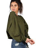 Romwe Women's Drop Shoulder Lantern Sleeve Pullover Sweatshirt Army Green M