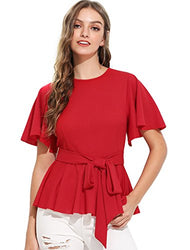 Romwe Women's Slim Ruffle Short Sleeve Raw Hem Elegant Peplum Blouse Top with Belt Red M