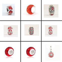 [RED FLOWERS] AODUOLA 9 Pcs A Lot Silver Lampwork Murano Enamel Glass Charms Mix Assortment Beads