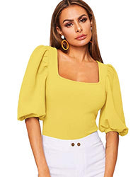 Romwe Women's Casual Puff Sleeve Square Neck Slim Fit Crop Tee Tops Blouse Yellow Large