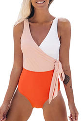 CUPSHE Women's Orange White Bowknot Bathing Suit Padded One Piece Swimsuit, L