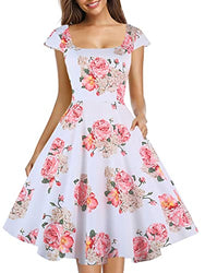 PUKAVT Women's Cocktail Party Dress Cap Sleeve 1950 Retro Swing Dress with Pockets White Pink Flower M