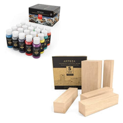 Arteza Outdoor Acrylic Paint, Set of 20 Colors/Bottles 2 oz./59 ml. and Arteza Basswood Carving Blocks, Set of 5 Pieces, Art Supplies for Painting, Carving, Crafting and Whittling