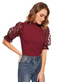 Romwe Women's Summer Short Sleeve Mock Neck Casual Blouse Tops Mesh Burgundy Large