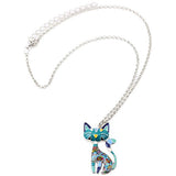 BONSNY Statement Enamel Alloy Chain Cat Necklaces Pendant Original Design For Women Girls (Blue)