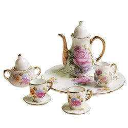 8pcs Dollhouse Miniature Tea Set Dollhouse Miniature Dining Ware Porcelain Tea Set Dish Cup Plate -Pink Rose
