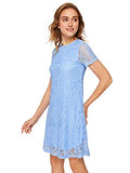 Romwe Women's Short Sleeve Summer Lace Wide Hem Dress Sky Blue_no Stretchy Medium