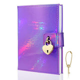 MAZERAN Heart Shaped Lock Journal, Rainbow Laser PU Hard Cover Notebook Travel Diary, B6 Ruled Locking with Key Personal Work Log Notes Secret Organizers Gift for Girls Women Daughter