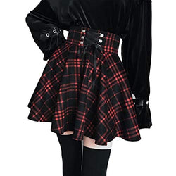 Women's High Waisted Short A-line Flare Gothic Mini Black Red Plaid Pleated Skirt Dress