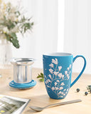 Immaculife Tea Cup with Infuser and Lid - Ceramic Tea Mug with Lid - Teaware with Filter 15oz, Navy Flower