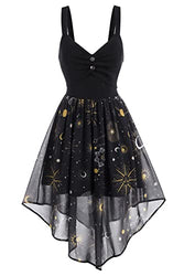 FEAPHY Women's Vintage Chiffon Sun Moon Star Sleeveless A-Line High Low Dress (Galaxy-Black, M)