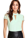 Romwe Women's Cutout Choker V Neck Lace Short Sleeve Casual Blouse Top Green Medium