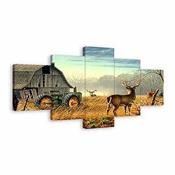 VIIVEI Deer Elk Moose Animal Cabin Tractors Nature Animals Canvas Wall Art HD Print Landscape Yellow Home Decor Wall Art Painting for Living Room Decor Framed to Hang (60" Wx32 H, 9)