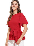 Romwe Women's Slim Ruffle Short Sleeve Raw Hem Elegant Peplum Blouse Top with Belt Red M