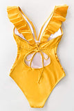 CUPSHE Women's Yellow Ruffled Lace Up One Piece Swimsuit, XL