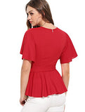 Romwe Women's Slim Ruffle Short Sleeve Raw Hem Elegant Peplum Blouse Top with Belt Red M