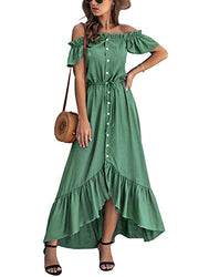 KIRUNDO 2021 Summer Women’s Off Shoulder Maxi Dress Polka Dots Short Sleeves High Waist Pleated Long Dresses with Belt (Small, Green 2)