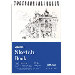 Ankkol Sketch Book 9"x12", 100 Sheets, 68lb/100gsm, Acid Free Drawing Paper Top Spiral Bound Sketchbook for Colored Pencil, Charcoal etc