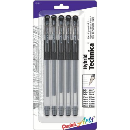 Pentel Arts Hybrid Technica (0.3/0.4/0.5/0.6/0.8mm) Gel Pen, Black Ink 5-Pk arts crafts drawing