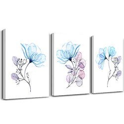 Modern blue flowers Canvas Wall Art for bedroom Living Room,Bathroom Wall Decor,3 Panels Wall Painting Home Decoration kitchen Canvas Print Abstract watercolor flowers and leaves artwork wall mural