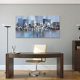 Hand Painted Abstract City Oil Painting on Canvas Modern Blue Cityscape Wall Art for Home Office Decoration