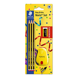 STAEDTLER 120 SBK3P2 Noris limited edition Happy Birthday pack of 3 Noris graphite HB pencils, Noris eraser and Noris tub sharpener