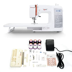 Poolin Computerized Sewing Machine - 293 Stitch Application & Extension Table, Come with Self Threading and Twin Needle, Include 7 Press Foot, 10 Needles, 6 Rolls Thread, 12 Bobbins and 1 Rack Holder