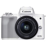 Canon EOS M50 Mark II Mirrorless Digital Camera with 15-45mm Lens Video Kit (White) + Wide Angle Lens + 2X Telephoto Lens + Flash + SanDisk 32GB SD Memory Card + Video Accessory Bundle