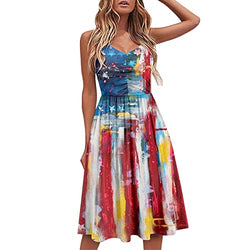 Women's V Neck Spaghetti Strap Dress Summer Casual Swing Sundress with Pockets Junior Tops (Red, XXL)
