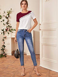 Romwe Women's Casual Colorblock Short Sleeve Contrast Sequin Tee Tops Shirts Multicolor#15 Medium