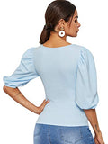 Romwe Women's Casual Puff Sleeve Square Neck Slim Fit Crop Tee Tops Blouse Blue Large