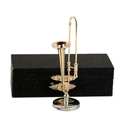 Dselvgvu Copper Miniature Trombone with Stand and Case Mini Musical Instrument Miniature Dollhouse Model Mini Trombone Home Decoration … (3.46"x0.75")