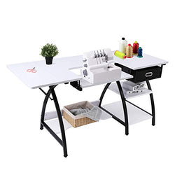 HOMFY Multifunctional Adjustable Sewing Craft Table with Drawer, Foldable 2 in 1 Cutting Station Desk with 2 Storage Shelves - White