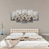 5 Panels Retro White Lily Floral Canvas Wall Art Print Abstract Flower Paintings Gray White Brown Plant Picture Home Decor Framed Artwork for Living Room Bathroom