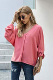Dokotoo Womens Fashion 2021 Summer Casual V-Neck Cuffed 3/4 Sleeve Solid Tunic Blouses and Tops for Work Loose Fit T Shirts Pink US 16 18