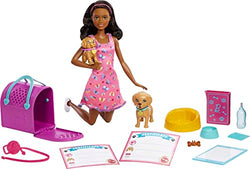Barbie Doll and Accessories Pup Adoption Playset with Brunette Doll in Pink, 2 Puppies, Color-Change Animal and Pee Pad, Working Carrier and 10 Pieces