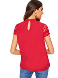 Romwe Women's Elegant Lace Short Sleeve Sexy Keyhole Blouse Shirt Red Medium