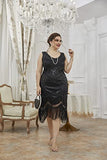 Plus Size 1920s Vintage Fringed Gatsby Sequin Beaded Tassels Hem Flapper Dress for Women (Black, Small)