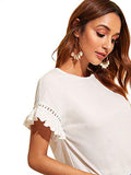 Romwe Women's Short Sleeve Ruffle Trim Contrast Lace Cotton Summer Blouse Top White L