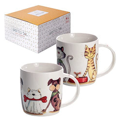 Coffee Mugs - Set of 2 - Cute 12 oz Ceramic Porcelain Fun Coffee Tea Mug Cups for Cat & Dog Lovers - Dog & Cat Gifts for Women Men Kids, Animal Themed Kitchen Decor, Microwave & Dishwasher Safe (2pcs)