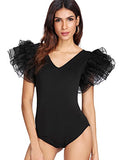 Romwe Women's V Neck Ruffle Mesh Sleeve Stretchy Party Romper Bodysuit Black L