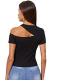 Romwe Women's Sexy Asymmetric Cutout Neck Ribbed Casual T-Shirt Tops Blouse Black#1 X-Large