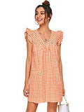 Romwe Women's V Neck Ruffle Smock Summer Boho Dress Top Orange and White S